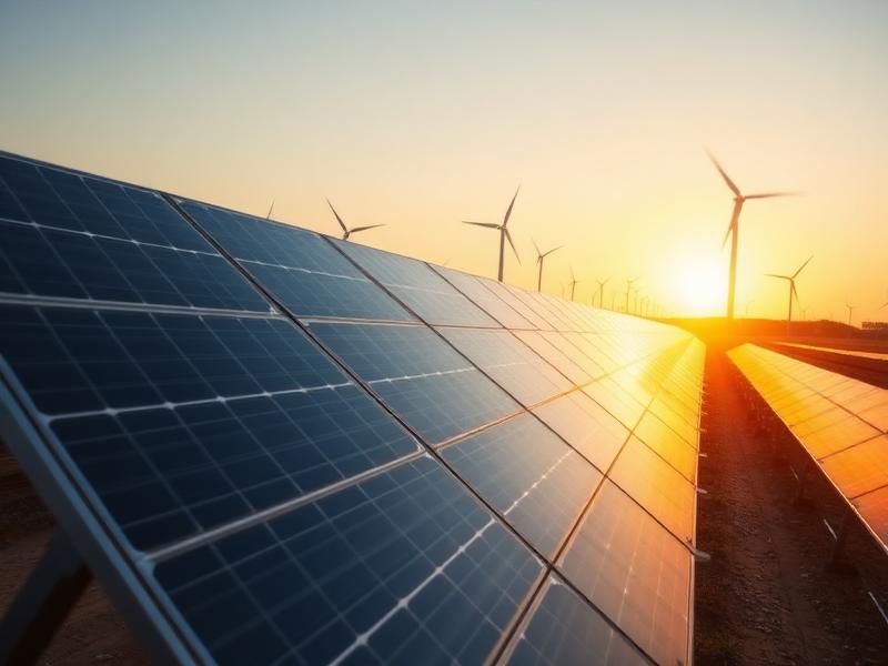 Solar panels and wind turbines at sunset