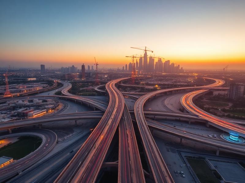 Highway interchange under construction at dusk